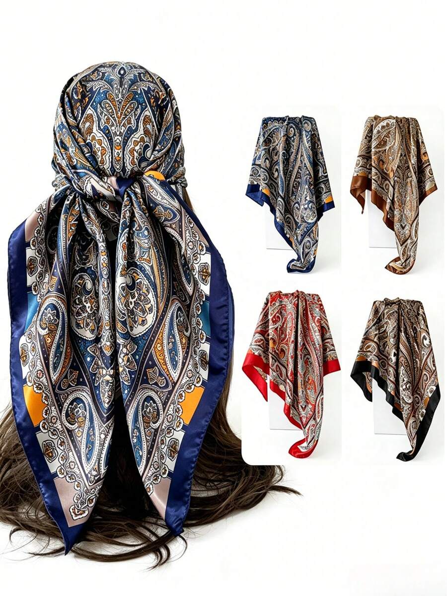 Classic Vintage Cashew Floral Glossy Faux Silk Scarf, 4 Color Options, Draping Smooth Wrinkle-Resistant, Multi-Functional Large Shawl For Daily Commute And Travel, Perfect Match For Coats And Shirts - Multicolor - View 1