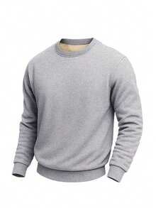 Men's Crew Neck Fleece Lined Sweatshirt, Thick Warm Solid Color Pullover, Heavyweight Cold-Proof Casual Commuter Long Sleeve Top, Autumn/Winter - Light Grey - View 2