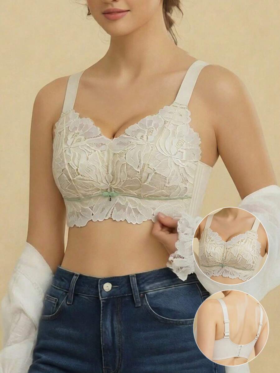 女士法式性感蕾丝文胸,全覆盖舒适带衬垫钢圈文胸,适合大胸,提升和增强乳沟 - 米色 - 查看 1