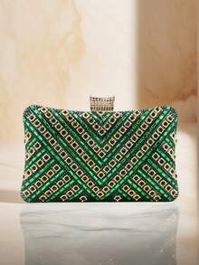 Handbag With Metal Handle, Evening Bag With Diamonds, Gold Wedding Clutch, Shoulder Bag With Chain, Small Handbag - Green - View 1