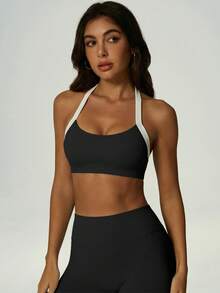 UONNOU 2pcs/Set Women's Spring/Summer Seamless Soft Sports Set, Contrast Trim Halter Backless Sports Bra + High Waist Tummy Control Peach Butt Lifting Shaping Leggings - Black - View 3