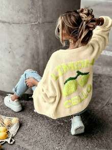 Women's Long Sleeve Knit Cardigan, Contrast Color Print, Casual Loose V-Neck Button-Up Sweater Jacket, Autumn/Winter - Yellow - View 4