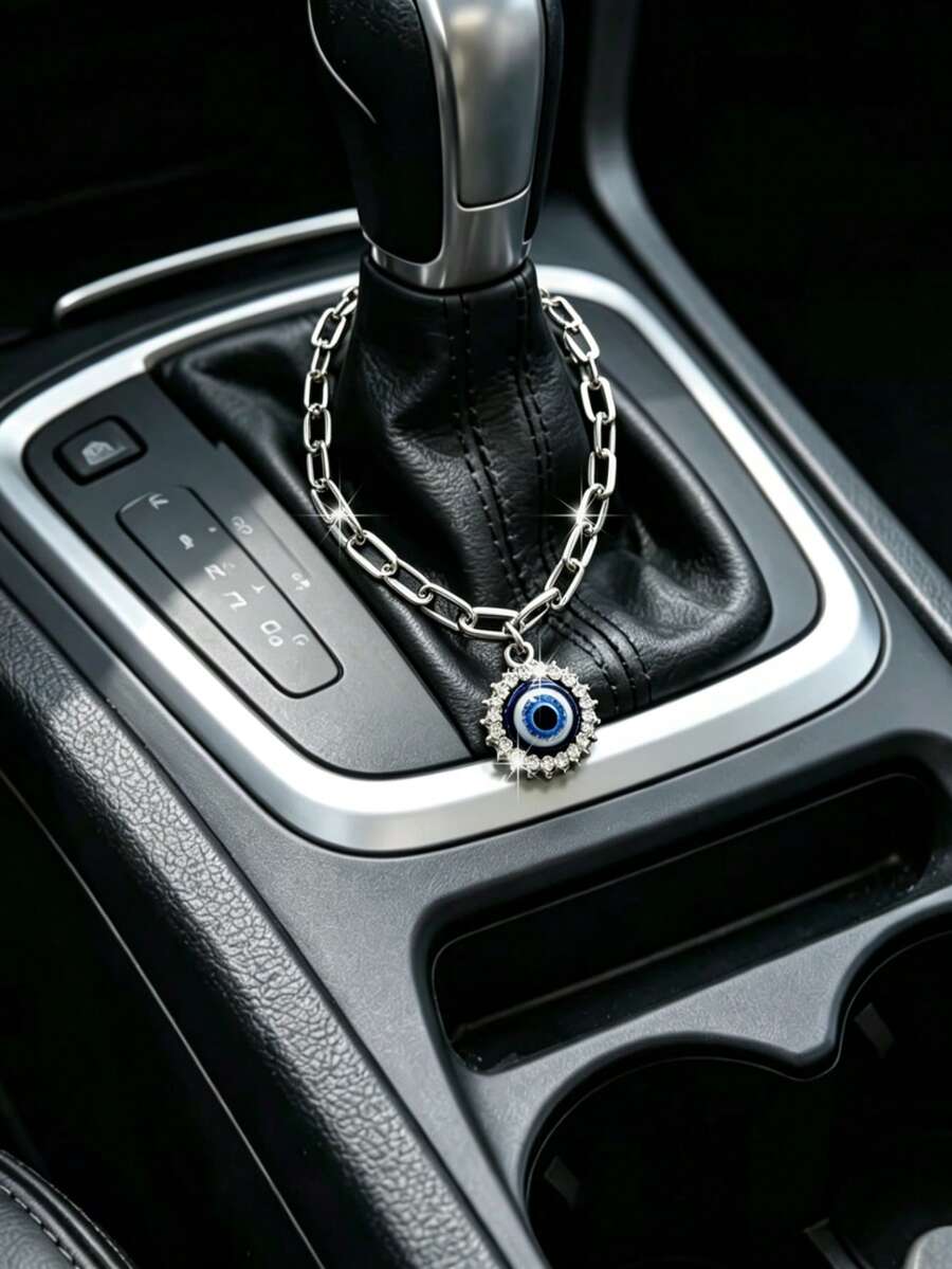 1pc Alloy Hollow Rhinestone Devil Eye Car Gear Shift Decoration, Car Interior Hanging Ornament, Car Interior Decorative Accessory - A - View 1