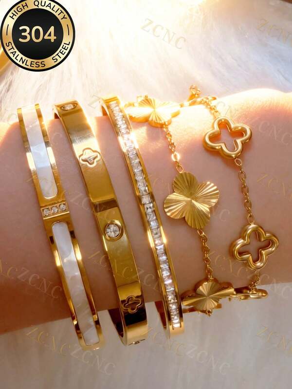 ZCNC Znice 2026 Autumn New Stainless Steel 18K Gold Plated Multi-Style Gold Four-Leaf Clover Layered Bracelet Set, Luxury Mother's Day Vacation Daily Party Jewelry