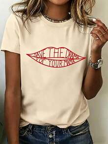 2026 LC Save Drama Your Mama Short Sleeve T-Shirt With Round Neck And Print, For Casual Daily Wear, Retro T-Shirt, Unisex, Clothing, 100% Cotton Sweatshirt. - 杏色 - 查看 1