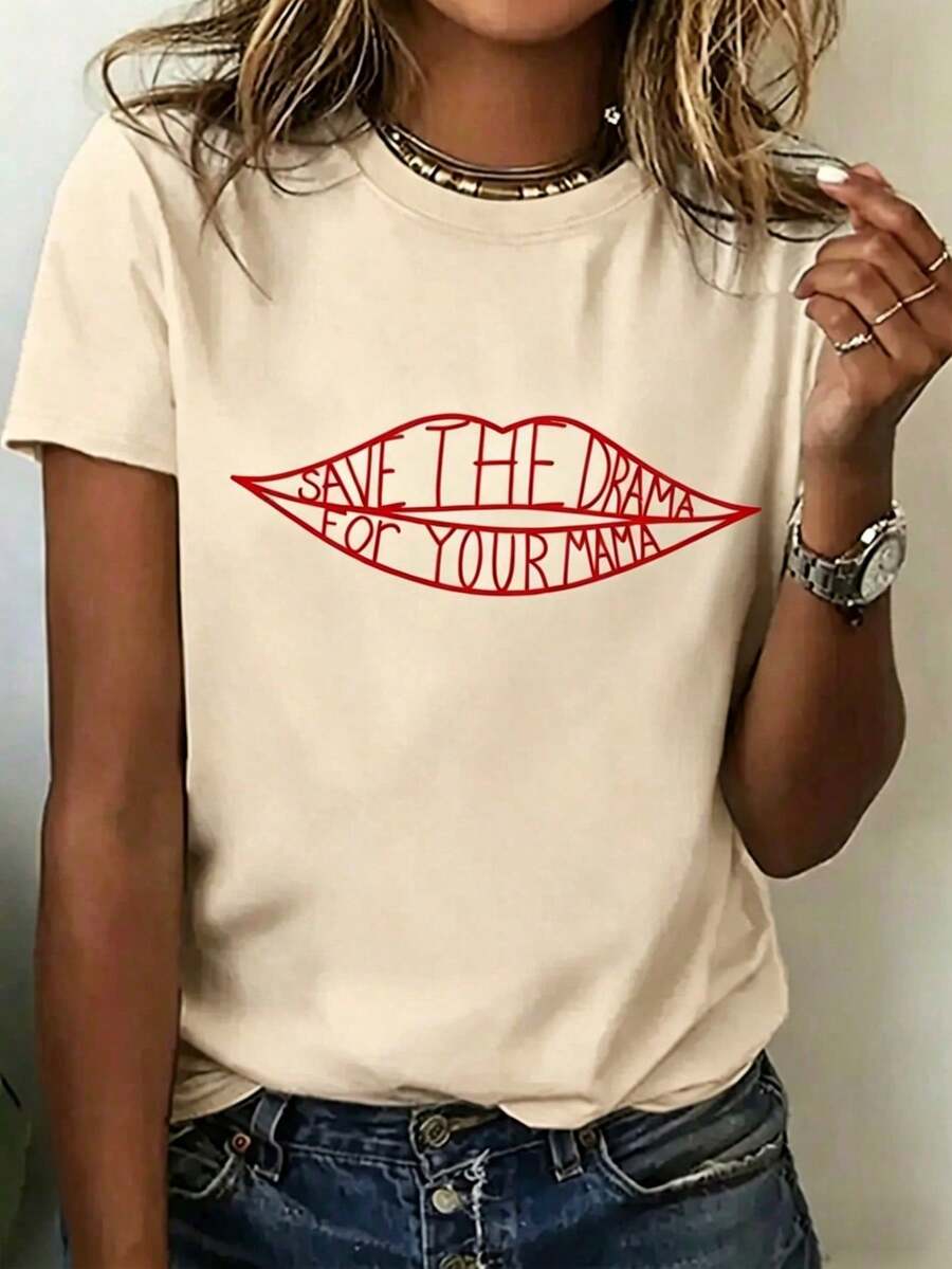 2026 LC Save Drama Your Mama Short Sleeve T-Shirt With Round Neck And Print, For Casual Daily Wear, Retro T-Shirt, Unisex, Clothing, 100% Cotton Sweatshirt. - 杏色 - 查看 1