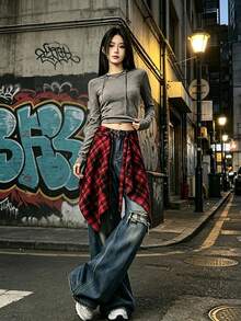 1件女款復古格紋襯衫長版高腰A字不對稱下擺，可調下擺層次穿搭必備，遮臀辣妹百搭時尚，中性繫帶多功能裙（附荷葉邊下擺設計），適合家庭穿搭、街舞 - 彩色 - 查看 19
