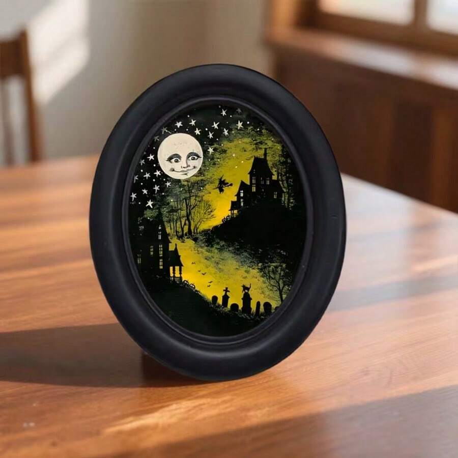 1pc 3D Black Oval Vintage Picture Frame, Gothic Style, Halloween, Thanksgiving, Autumn And Other Holiday Decor, With Hook