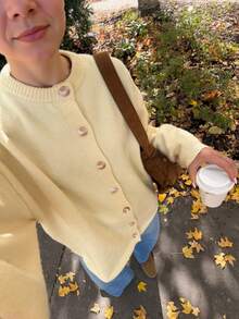 Vivid Style Cream Yellow Knitted Cardigan Women's Round Neck Button-Up Loose Oversized Dropped Shoulder Lantern Long Sleeve Comfortable Knit Sweater Jacket - Yellow - View 7