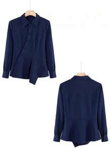 Blusas asimétricas de manga larga con solapa para mujer, blusas asimétricas con botones, ajustadas, de primavera - Azul - Ver 4