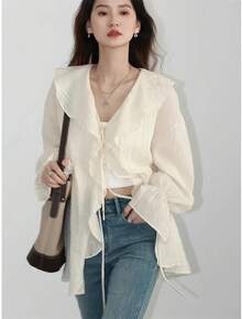 Blusa suelta con cuello en V y cordones para mujer, longitud media con volantes - Albaricoque - Ver 2
