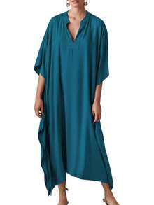 Bsubseach Mujer Vestido de Verano Kaftán para Playa de Seda Cuello en V Manga de Murciélago - Azul pavo real B - Ver 7
