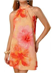 - Vestido corto sin mangas con estampado floral para mujer, cuello halter, línea A - rosado, (Geometría rosa) - Ver 20