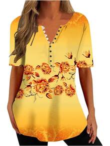 Ceboyel - Camisas Henley con estampado floral para mujer, cuello en V, sexy, casual, de manga corta, blusas elegantes para mujer - Rosa #10 - Ver 26