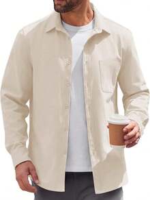 - Chaqueta ligera con botones para hombre, chaqueta casual de algodón - Beige - Ver 5