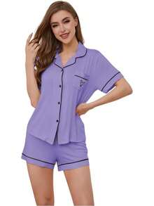 Conjunto de pijama para mujer, cuello con solapa, manga corta, top con bolsillo en el pecho y pantalones cortos con cintura elástica, 2 piezas, ropa de dormir para mujer. - LW41-Morado - Ver 1