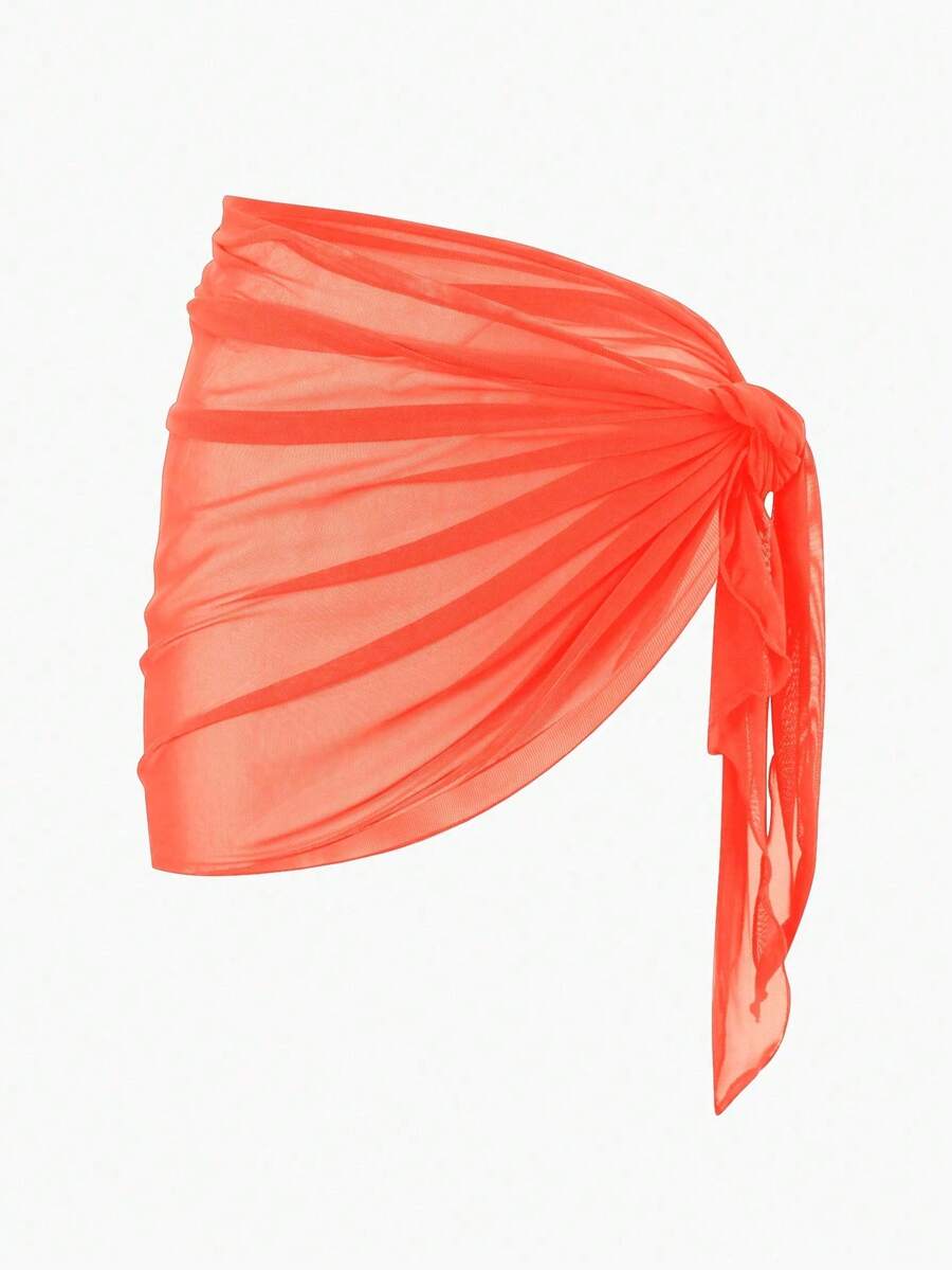Solid Color Mesh Swim Basics Skirt For Beach And Resort, Ideal For Summer Beach Vacations. XUQA - Burnt Orange - View 1
