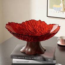 Modern Wavy Petal Shaped Fruit Bowl With Stable Faux Wood Base, Large Capacity Decorative Serving Tray For Fruits, Snacks, Candy, Elegant Accent For Kitchen Countertop And Dining Table, Multiple Colors Available, Material And Easy To Clean - View 4
