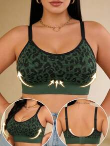 1pc Women's Plus Size Wireless Bra Top, Leopard Print Seamless Full Coverage Bra, Adjustable Wide Strap Anti-Slip Back Support, Medium Elasticity Shaping Bra, Suitable For Casual, Wedding Party And Halloween Occasions - Green - View 5