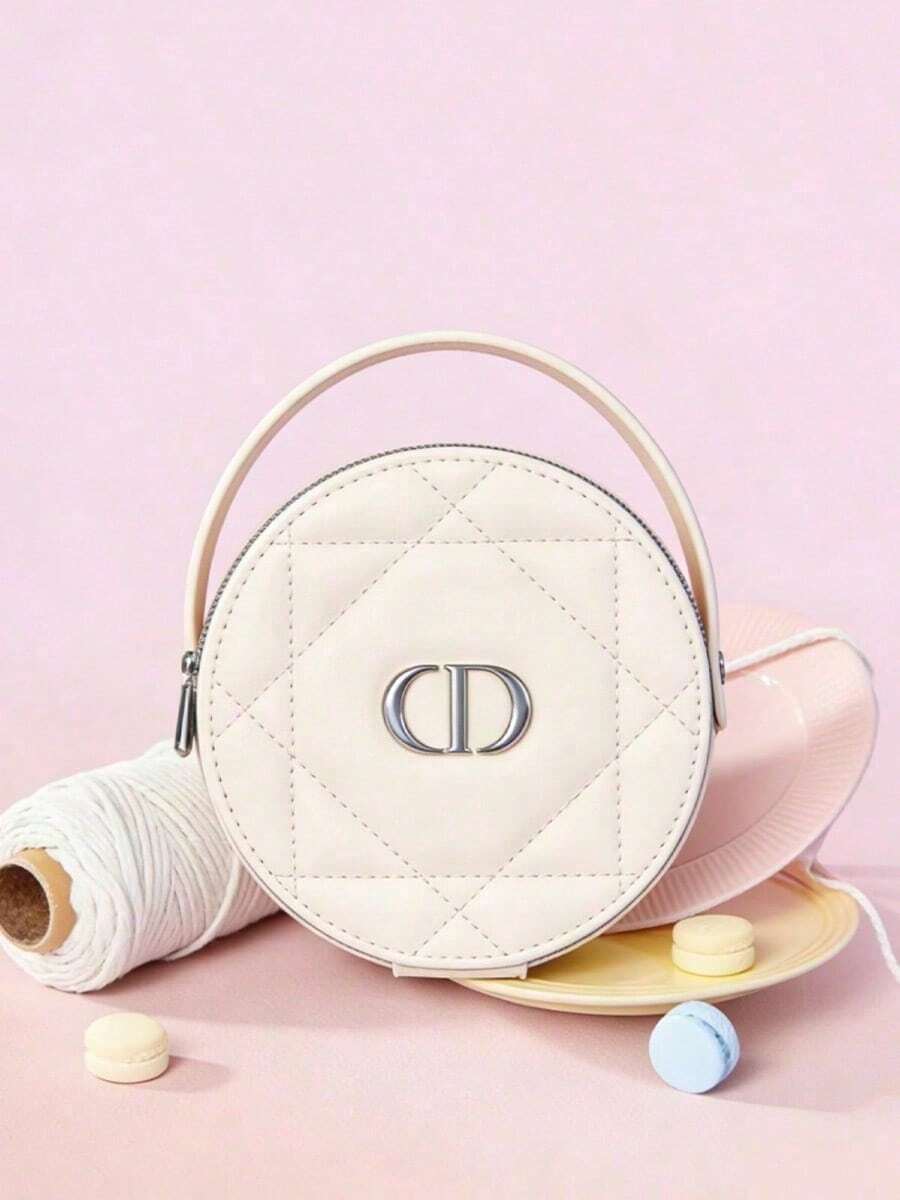 Dior Light Apricot Round Makeup Bag - Handheld Makeup Bag With Zipper And Built-In Makeup Mirror | Luxurious And Elegant Makeup Bag, Suitable For Daily Use And Travel