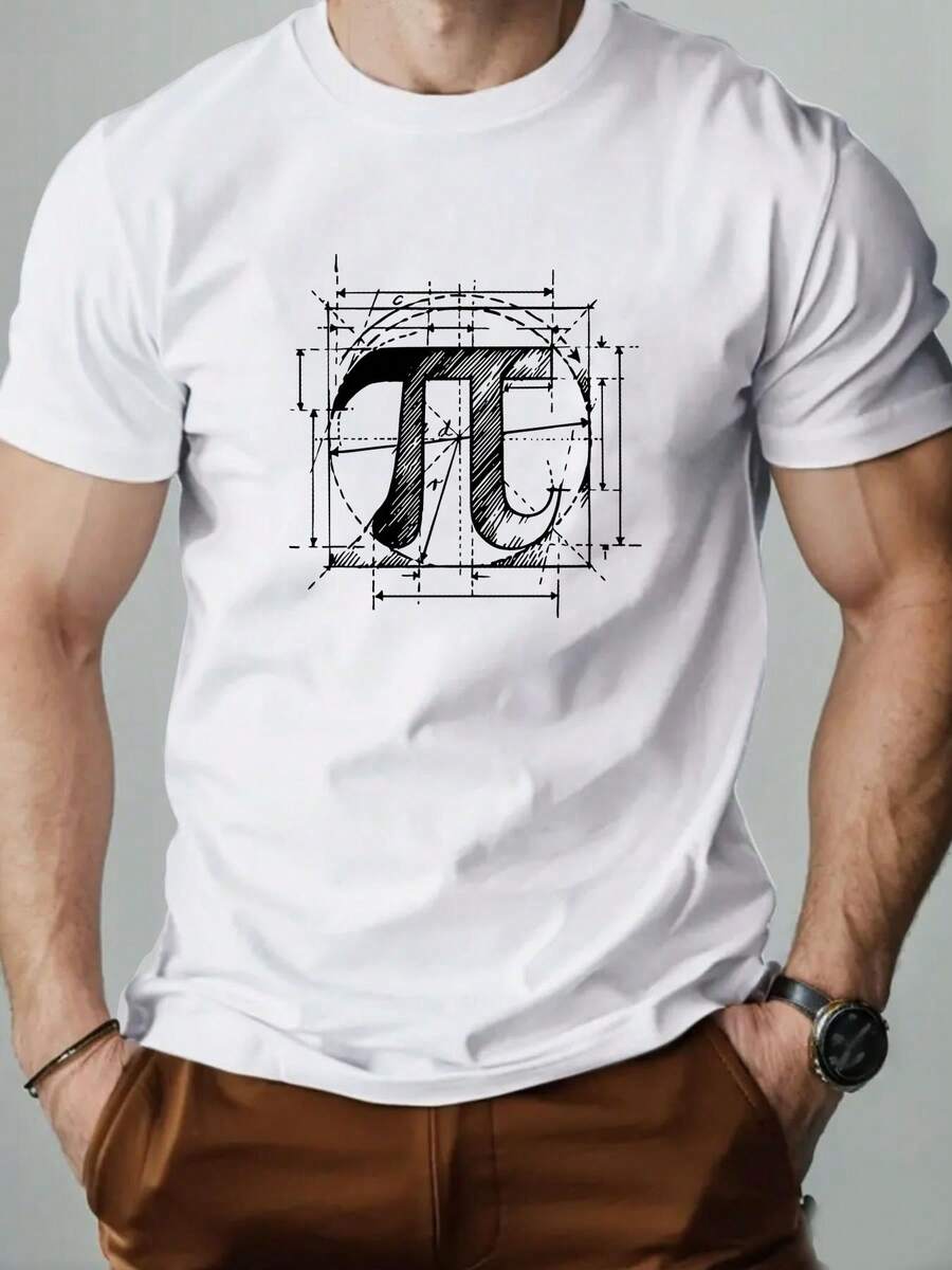 Men's Summer Casual Round Neck Short T-Shirt With Pi Pattern - White - View 1