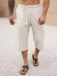 Men's Solid Color Minimalist Linen Capri Pants, Suitable For Beach, Vacation, Beach Party Style - Beige - View 8