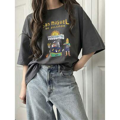 レディースゆったりプリントTシャツ-半袖、ゆったりプリント、機械洗浄、プリントデザイン
