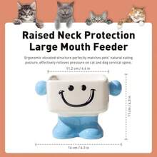 Ceramic Elevated Cat Bowl, Anti-Slip Pet Food Water Bowl With Smile Pattern, Raised Neck Protection Large Mouth Feeder For Cat Dog, Easy To Clean Blue, Square - Blue - View 2