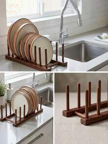 Multifunctional Dark Wood Plate Rack, Vertical Plate Storage Rack And Book Organizer, Countertop Storage Rack, Suitable For Plates, Bowls And Books, Space-Saving Display Rack, Suitable For Kitchen, Dining Area And Office - Multicolor - View 11