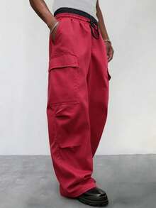 Whitmere Men's Casual Long Pants Double Waistband Colorblock Waist Multi-Pocket Cargo Pants Straight Leg Loose Fit Wide Leg Pants Fall/Autumn Gift - Red - View 5