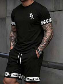 Men's Black Geometric Jacquard Wide Leg Pants, Drawstring Waist Casual Street Style Long Pants Sports - Black - View 3