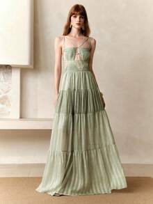 Vestido elegante y fluido de verano para mujer, con tirantes de espagueti, estampado a rayas tejido, escote trasero y plisado - Verde - Ver 8