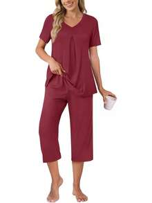 Anyally - Conjunto de pijama de verano para mujer, camisa de manga corta y pantalones capri de 2 piezas, pijama plisado con bolsillos - Margarita Blanca - Ver 37