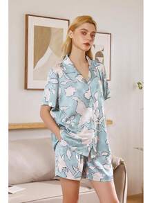 YiNi LuLu - Conjunto de pijama de satén de seda para mujer, 2 piezas, pijama de manga corta, de gran tamaño, con bolsillos - Vida pastoral - Ver 2