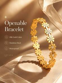 18K Gold Vacuum Plated Stainless Steel Openable Daisy Flower Rhinestone Bracelet/Women's Waterproof Fade-Resistant Gold Open Bangle/Sweet Elegant Niche Jewelry/Daily Commute Party Vacation Gift/For Mom/Women/Girls - Gold - View 1