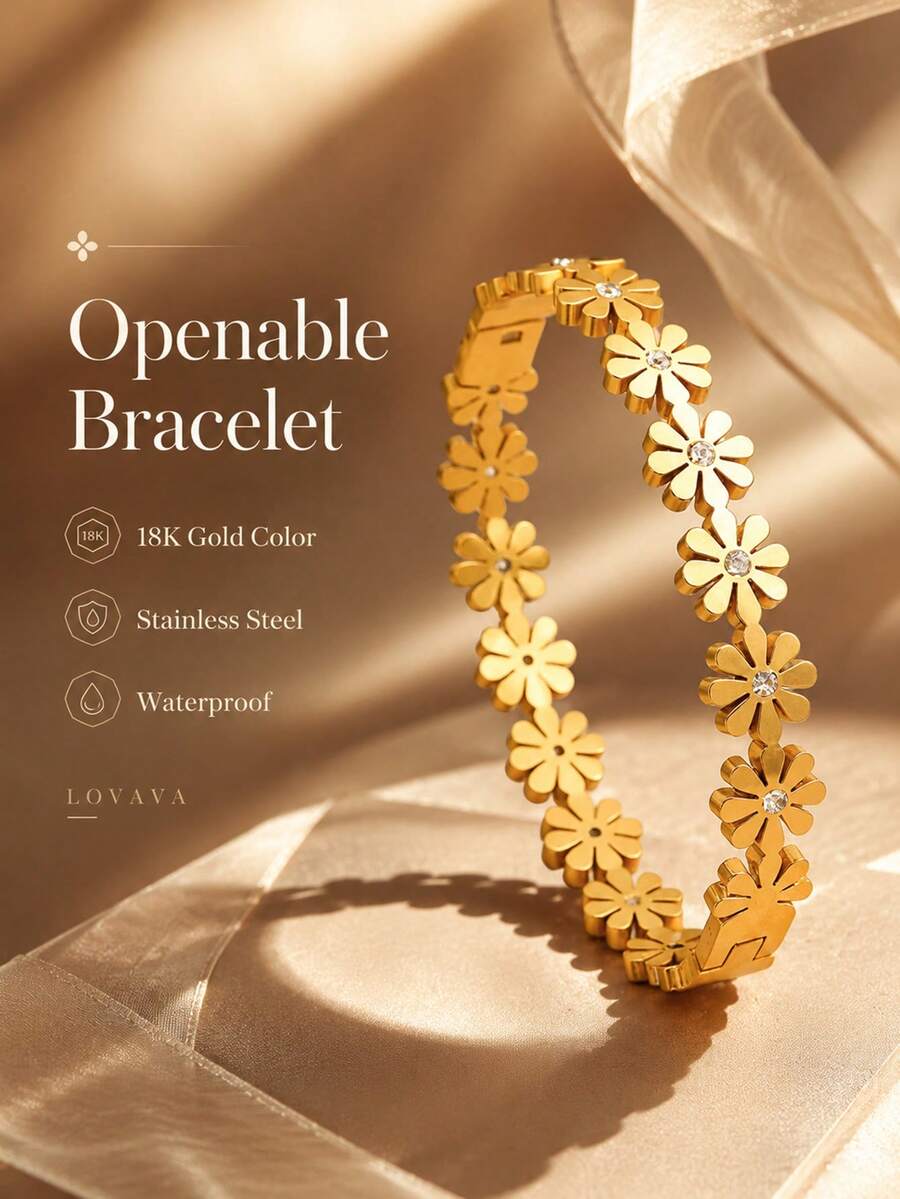 18K Gold Vacuum Plated Stainless Steel Openable Daisy Flower Rhinestone Bracelet/Women's Waterproof Fade-Resistant Gold Open Bangle/Sweet Elegant Niche Jewelry/Daily Commute Party Vacation Gift/For Mom/Women/Girls - Gold - View 1