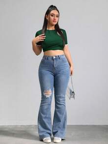 Floor-Length, High-Waisted Flare Trousers With One-Sided Rips At The Knees, High Elasticity, Fitted, Available In Multiple Shades, Retro Flowy Drape - Blue - View 6