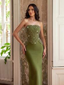 Sexy Women's Heavy Industrial Style Pearl & Rhinestone Embellished Strapless Sleeveless Slit Bandage Dress,  Wedding Guest Party  Dress - Green - View 2
