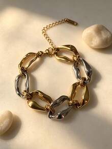Tone Chunky Asymmetric Link Bracelet, 18K Gold Plated Titanium Steel, Mix Gold Silver Color Statement Bracelet For Women Daily Stackable Jewelry Gift - Gold and Silver Two-tone Bracelet - View 2