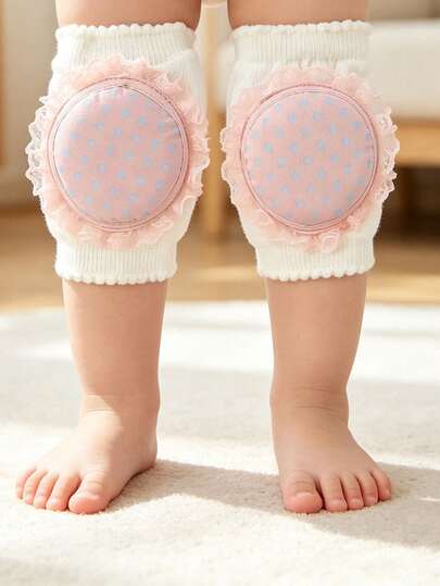 1 Pair Kids White Knee Socks, Bubble Cuff + Pink Lace Trim, Small Polka Dot Pattern, Soft Thick Sponge Padding For Knee Protection, Breathable Mesh, Suitable For All Seasons, Home, Crawling, Playing, Party, Birthday/Holiday Gift