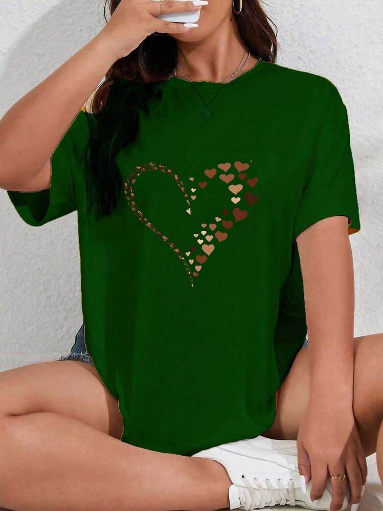New Fashion Women's Crew Neck Short Sleeve T-Shirt With Summer Love Monogrammed Print, Casual Size - 綠色 - 查看 1