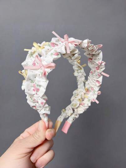 1pc Women's Fresh Floral Lotus Leaf Edge Headband, Cute Mini Pink & Yellow Bow Wide Headband, Sweet & Elegant Daily Skincare Accessory