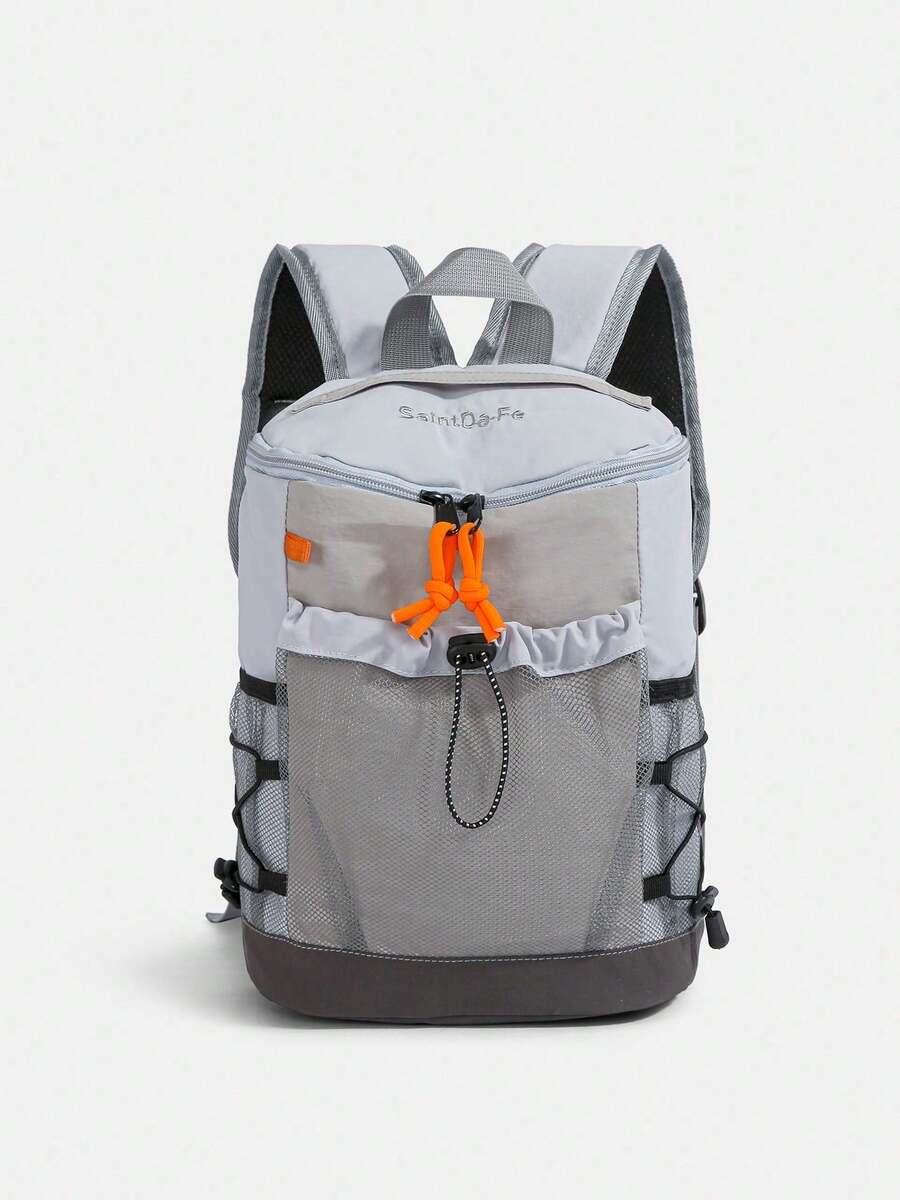 Functional Outdoor Backpack | Unisex Nylon Bag With Khaki Color Blocks, Mesh Pocket & Contrast Straps | Hiking/Sports/Outdoors - 杏色 - 查看 1