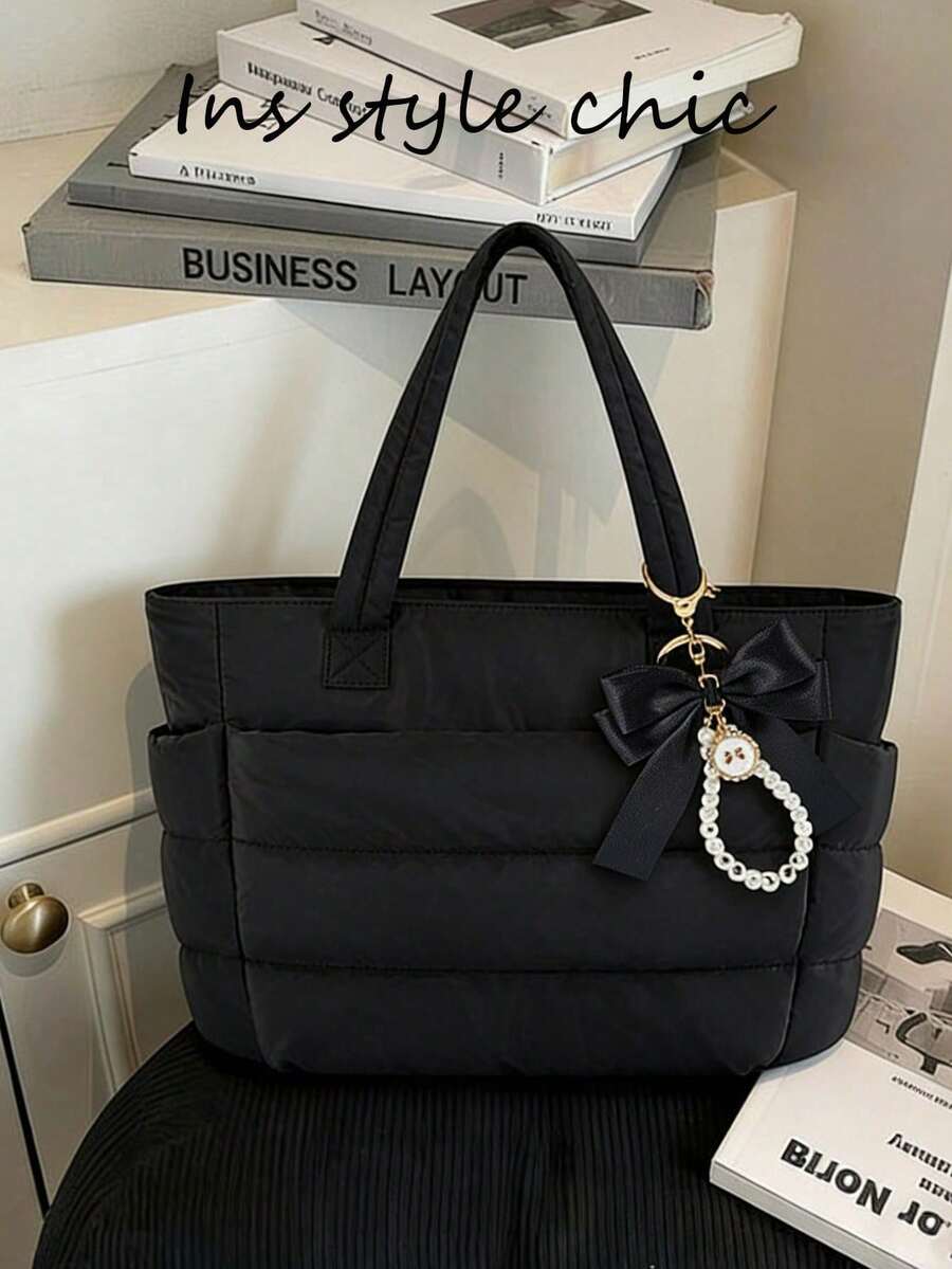 New Fashionable Classic And Multifunctional White Handbag, Simple Design, Quilted Details, Dual Top Handle Design For Shoulder, Elegant Shoulder Bag For Ladies, Suitable For N - 紫紅色 - 查看 1