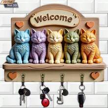 1pc 5 Cats Theme Wooden Key Holder Wall Mount Multi-Functional Home Key Rack With 4 Hooks Entryway Porch Room Organization Wall Decor Housewarming Gift Decorative Storage Solution For Modern Living Spaces - Multicolor - View 8