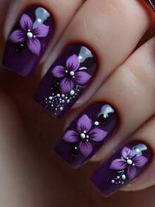 24pcs French Purple Floral Y2K Medium Length Press-On Nails, Easy To Apply, Long Lasting, Gentle On Natural Nails, Reusable False Nails - Multicolor - View 1