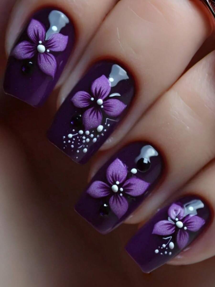 24pcs French Purple Floral Y2K Medium Length Press-On Nails, Easy To Apply, Long Lasting, Gentle On Natural Nails, Reusable False Nails - Multicolor - View 1