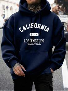 男士秋冬休閒時尚街頭風 CALIFORNIA 印花袋鼠口袋抽繩連帽抓絨衛衣 - 藏蓝色 - 查看 1