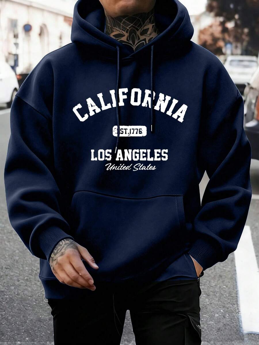 男士秋冬休閒時尚街頭風 CALIFORNIA 印花袋鼠口袋抽繩連帽抓絨衛衣 - 藏蓝色 - 查看 1