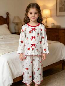 Set Piyama Lengan Panjang Anak Perempuan, Musim Semi, Gugur, dan Dingin, Motif Mawar Merah Klasik di Seluruh Permukaan, Pita Merah, Set Pakaian Santai 2 Potong - Merah - View 4